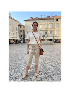 090 Macy's Women Khaki Cropped Trousers with Gingham D-Ring Belt Size 8P Beige
